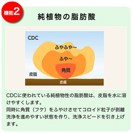 機能2純植物の脂肪酸。CDCに使われている純植物性の脂肪酸は、皮脂を水に溶けやすくします。同時に角質（フケ）をふやけさせてコロイド粒子が剥離洗浄を進めやすい状態を作り、洗浄スピードを引き上げます。 